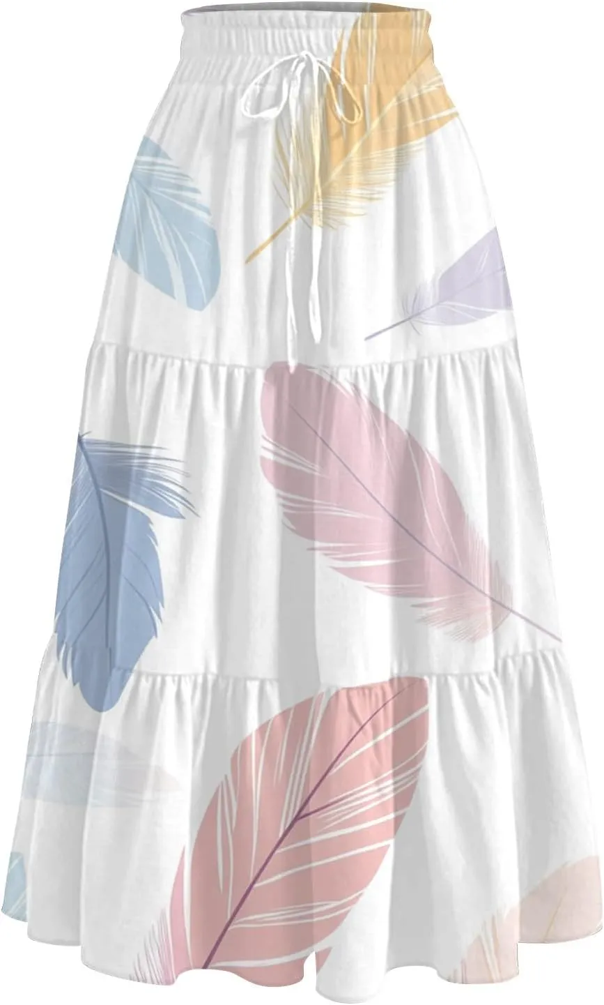 ADHOWBEW Long Skirts for Women Vacation African Beach Smocked Floral Print Elastic Waist Trendy Skirts