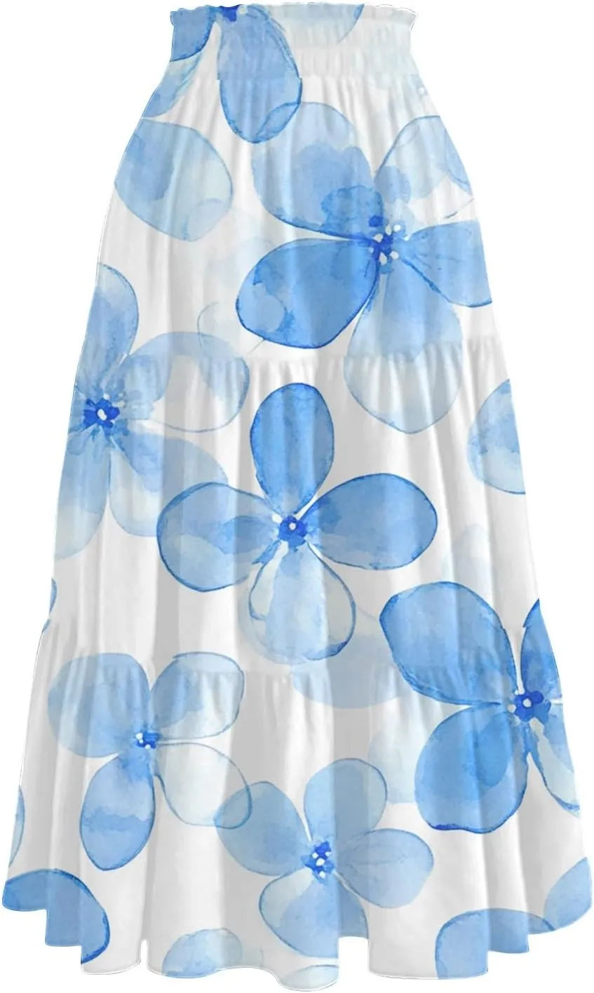 ADHOWBEW Long Skirts for Women Vacation African Beach Smocked Floral Print Elastic Waist Trendy Skirts