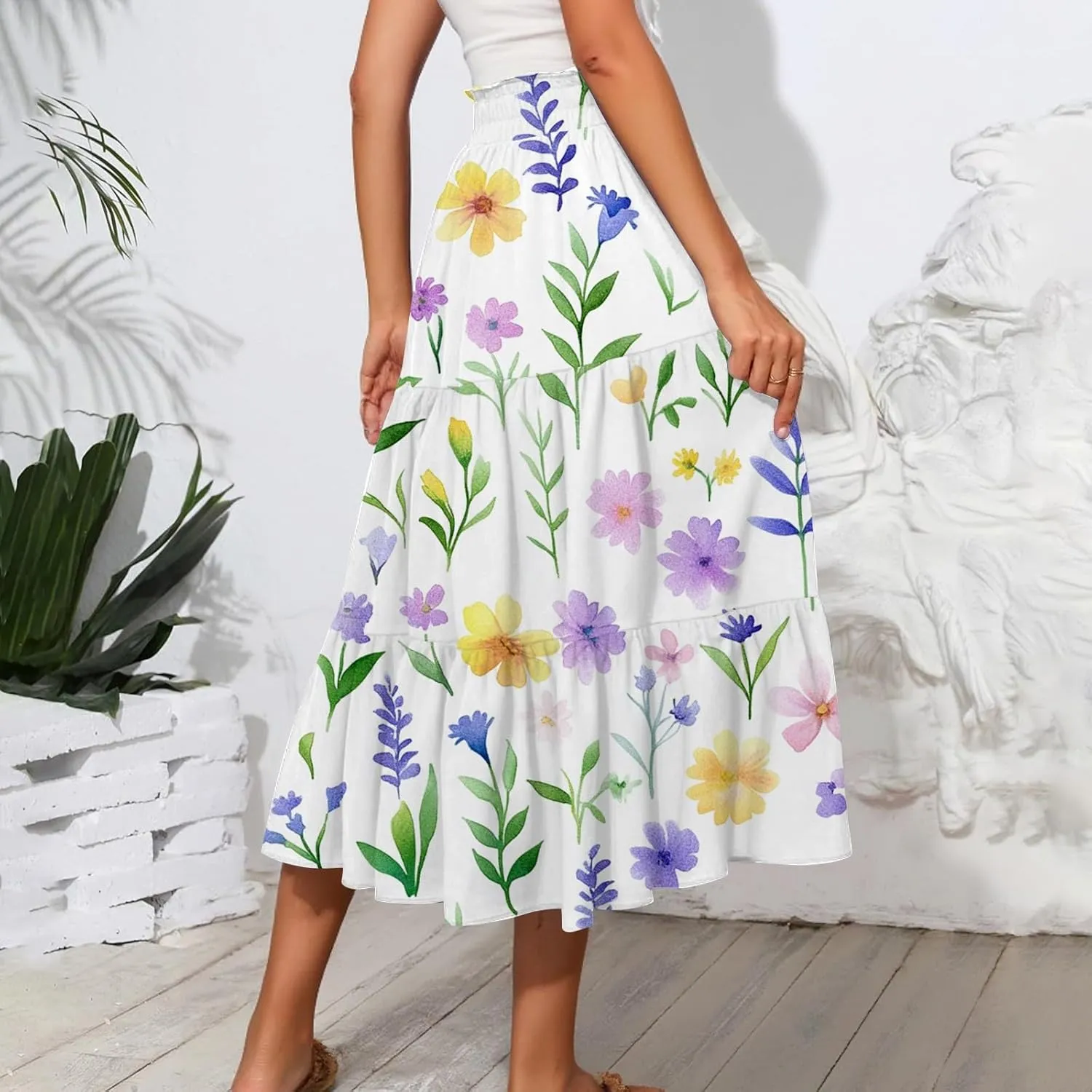 ADHOWBEW Long Skirts for Women Vacation African Beach Smocked Floral Print Elastic Waist Trendy Skirts