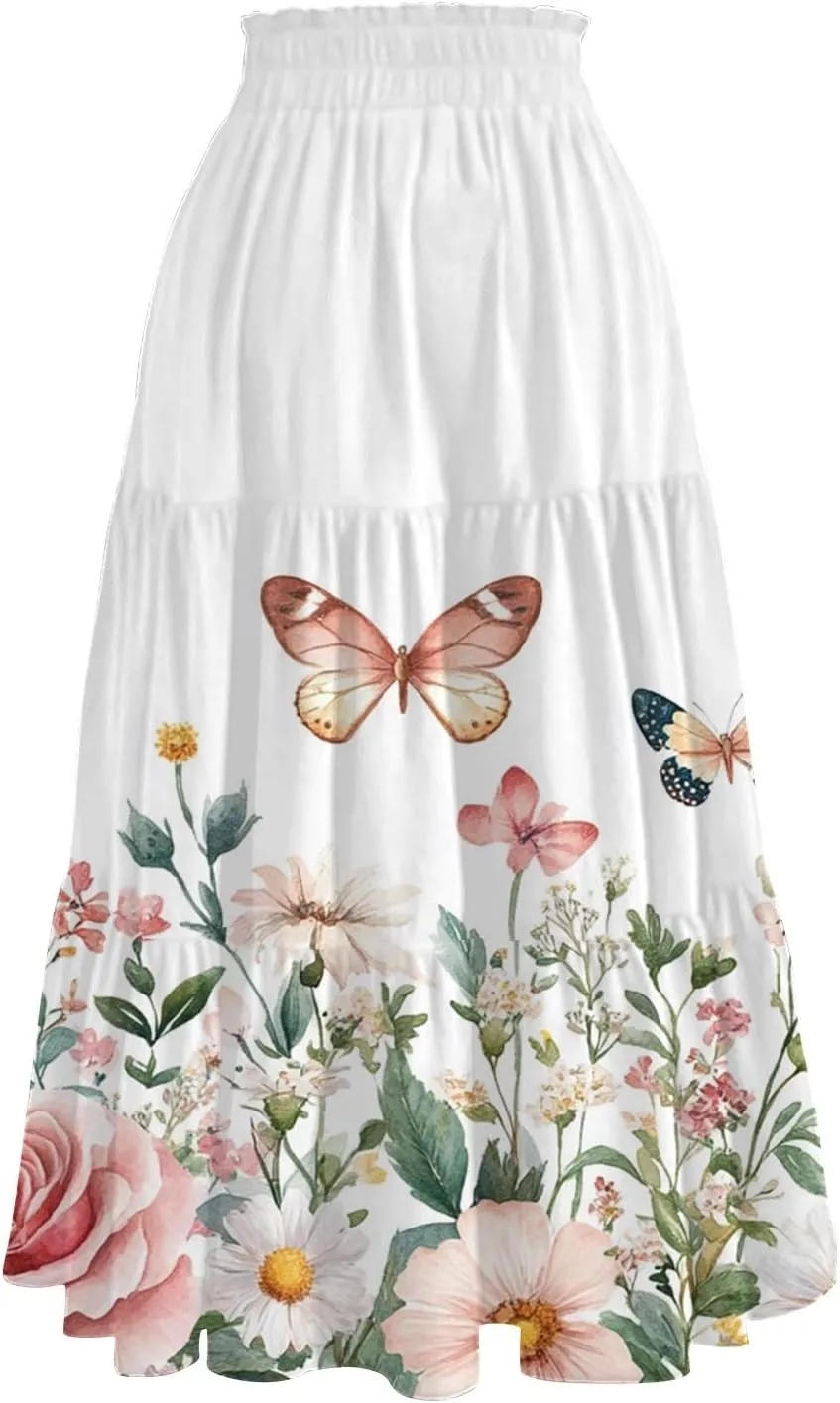 ADHOWBEW Long Skirts for Women Vacation African Beach Smocked Floral Print Elastic Waist Trendy Skirts