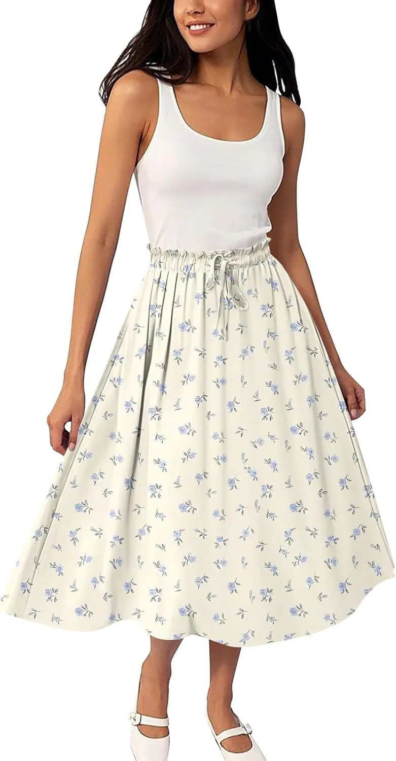 ADHOWBEW Womens Floral Maxi Skirt Summer Casual Smocked Sexy Elastic Waist Trendy Cotton Flowy Skirts