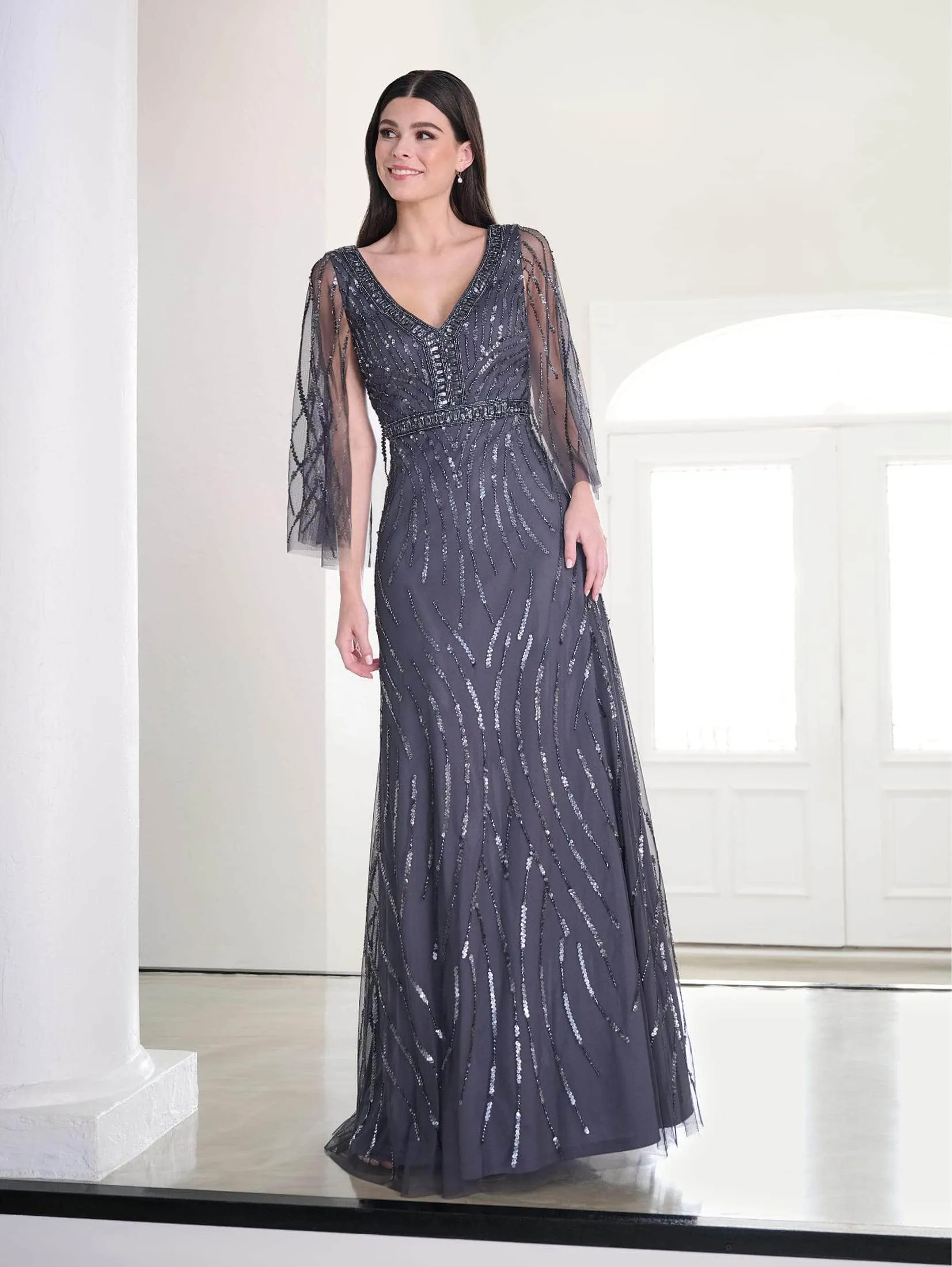 Adrianna Papell Platinum 40462 - Sequined V-Neck Long Dress