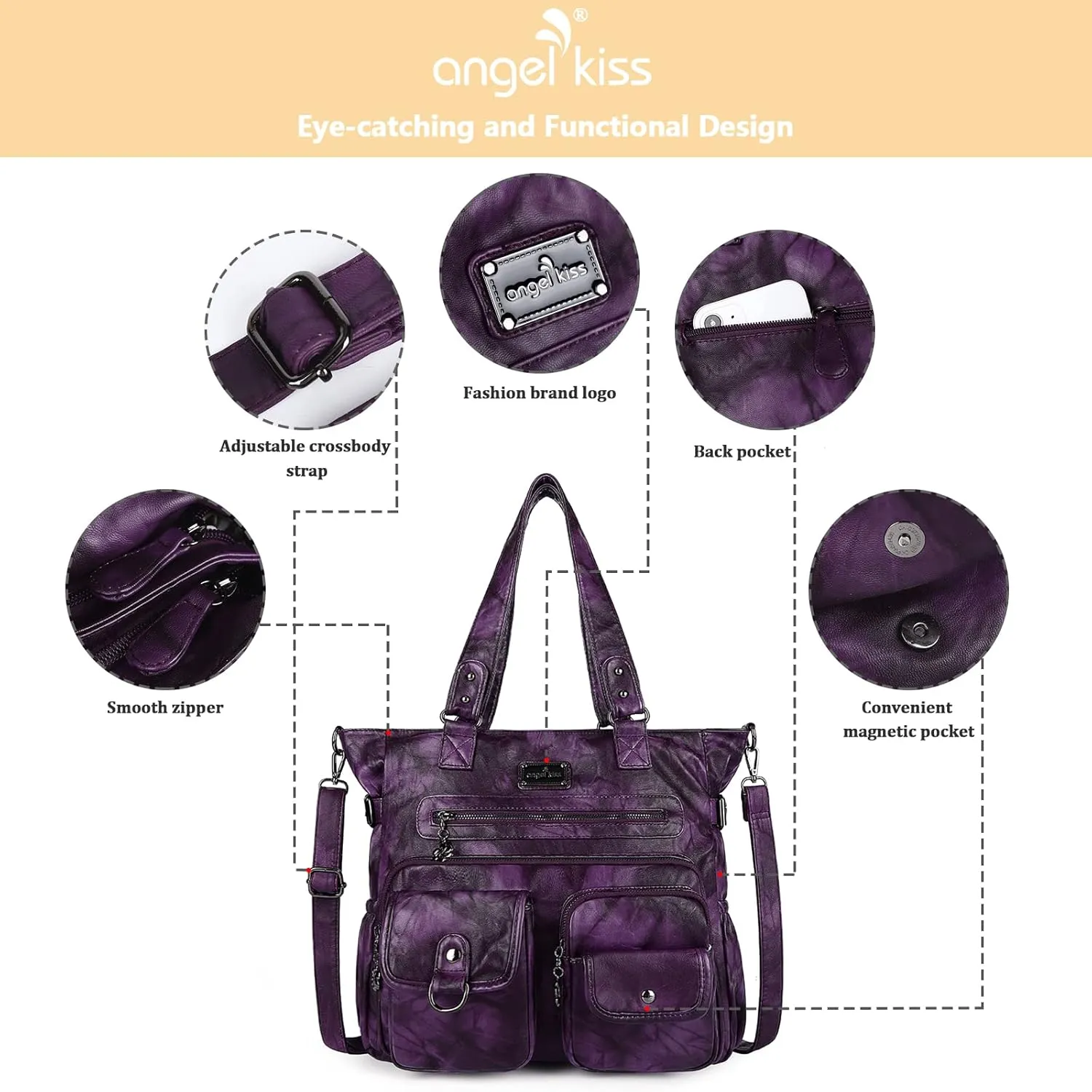 Angelkiss Purses Handbags for Women PU Tote Satchel Bags for Women Pockets Shoulder Bags