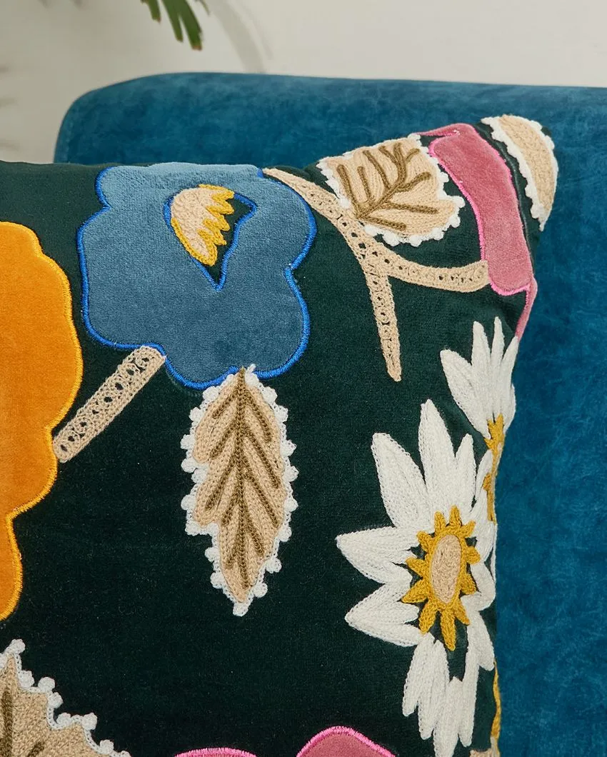 Applique Velvet Cushion Cover With Embroidery | 16 x 16 Inches