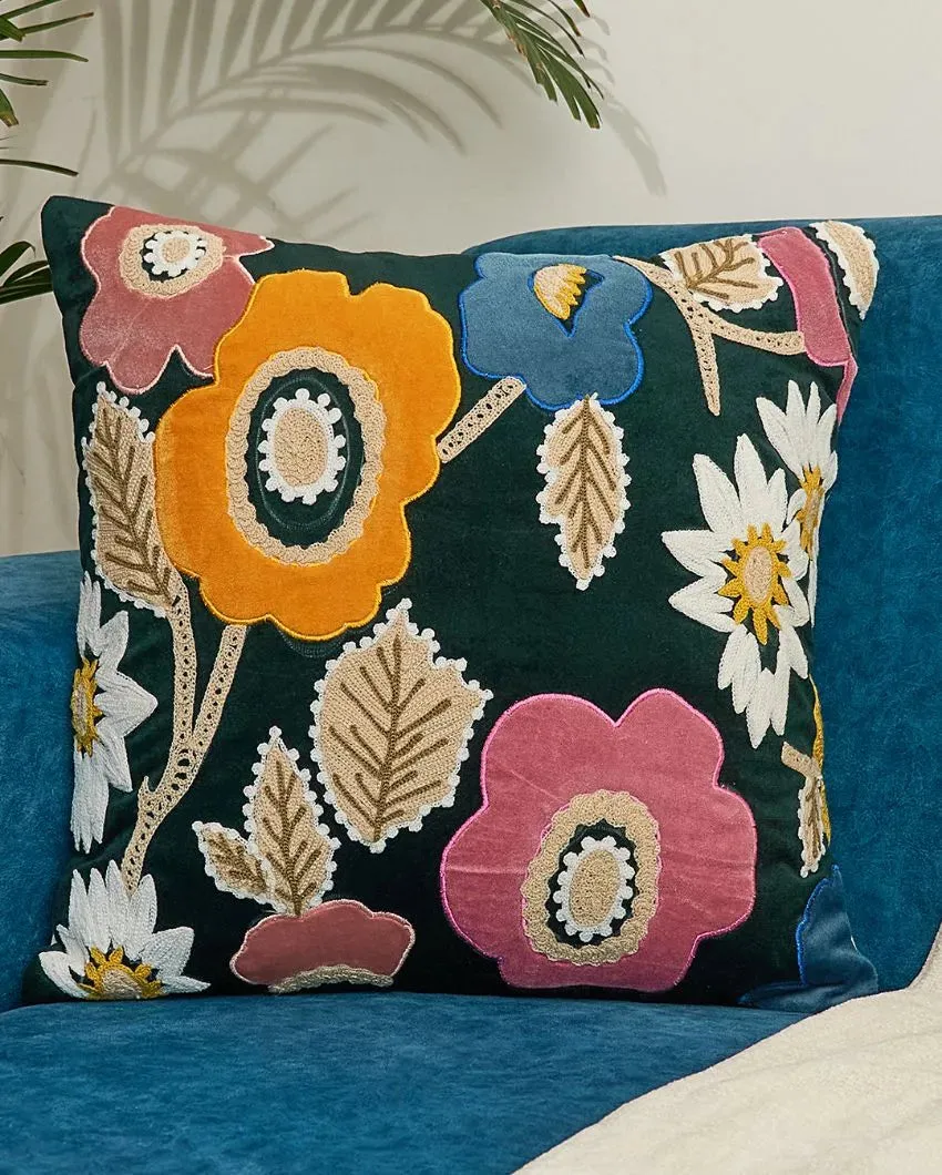 Applique Velvet Cushion Cover With Embroidery | 16 x 16 Inches
