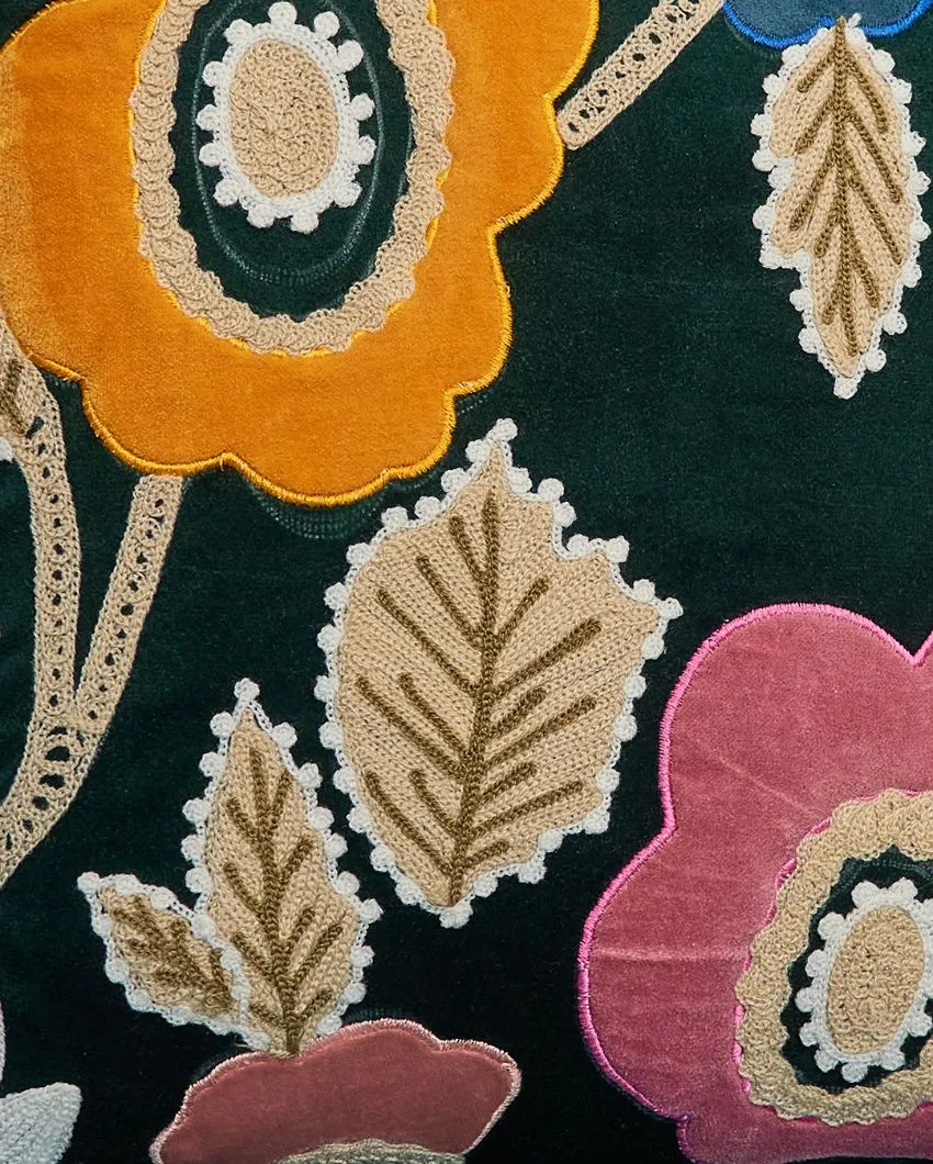 Applique Velvet Cushion Cover With Embroidery | 16 x 16 Inches