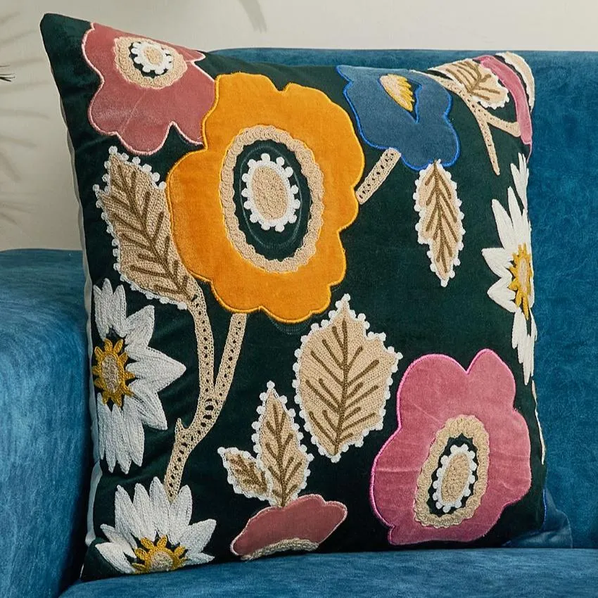Applique Velvet Cushion Cover With Embroidery | 16 x 16 Inches