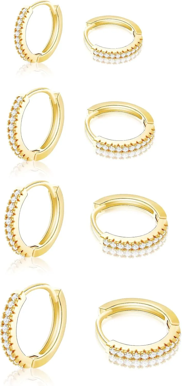 APSVO 4 Pairs Small Hoop Earrings for Women,Gold Small Cubic Zirconia Huggie Hypoallergenic Earrings Set for Multiple Piercing,Dainty Cartilage Earrings for Women Birthday Mother's Day Jewelry Gifts