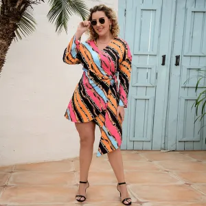 Asymmetrical Printing Belt Up Wholesale Plus Size Dresses