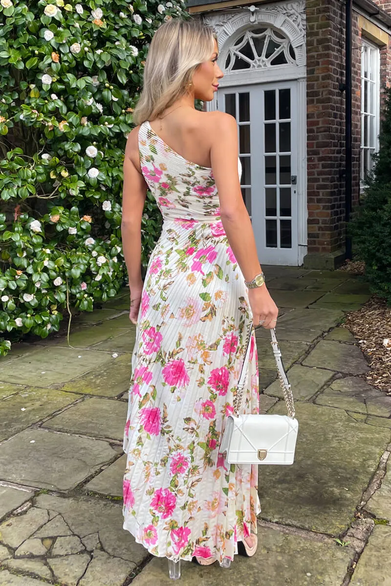 AX Paris Cream and Pink Floral Print One Shoulder Pleated Satin Midi Dress