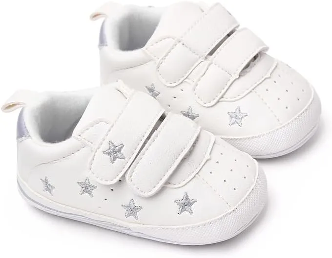 Baby Boys Girls Soft Sole Leather White Sneakers, Reteo Newborn Infant First Walkers Shoes