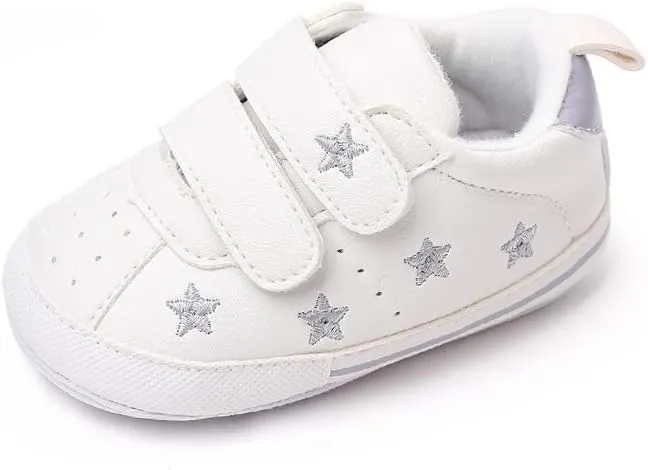 Baby Boys Girls Soft Sole Leather White Sneakers, Reteo Newborn Infant First Walkers Shoes