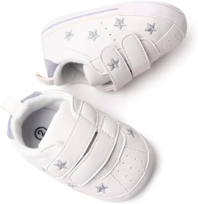 Baby Boys Girls Soft Sole Leather White Sneakers, Reteo Newborn Infant First Walkers Shoes