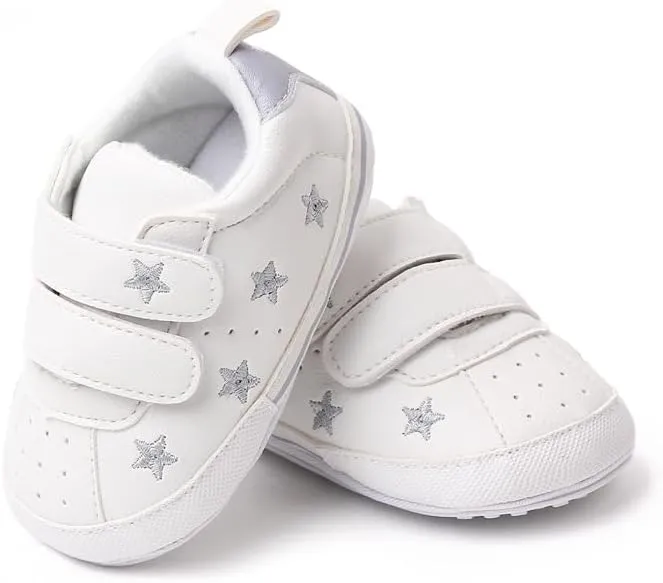 Baby Boys Girls Soft Sole Leather White Sneakers, Reteo Newborn Infant First Walkers Shoes
