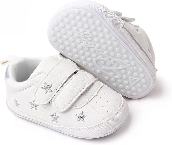 Baby Boys Girls Soft Sole Leather White Sneakers, Reteo Newborn Infant First Walkers Shoes