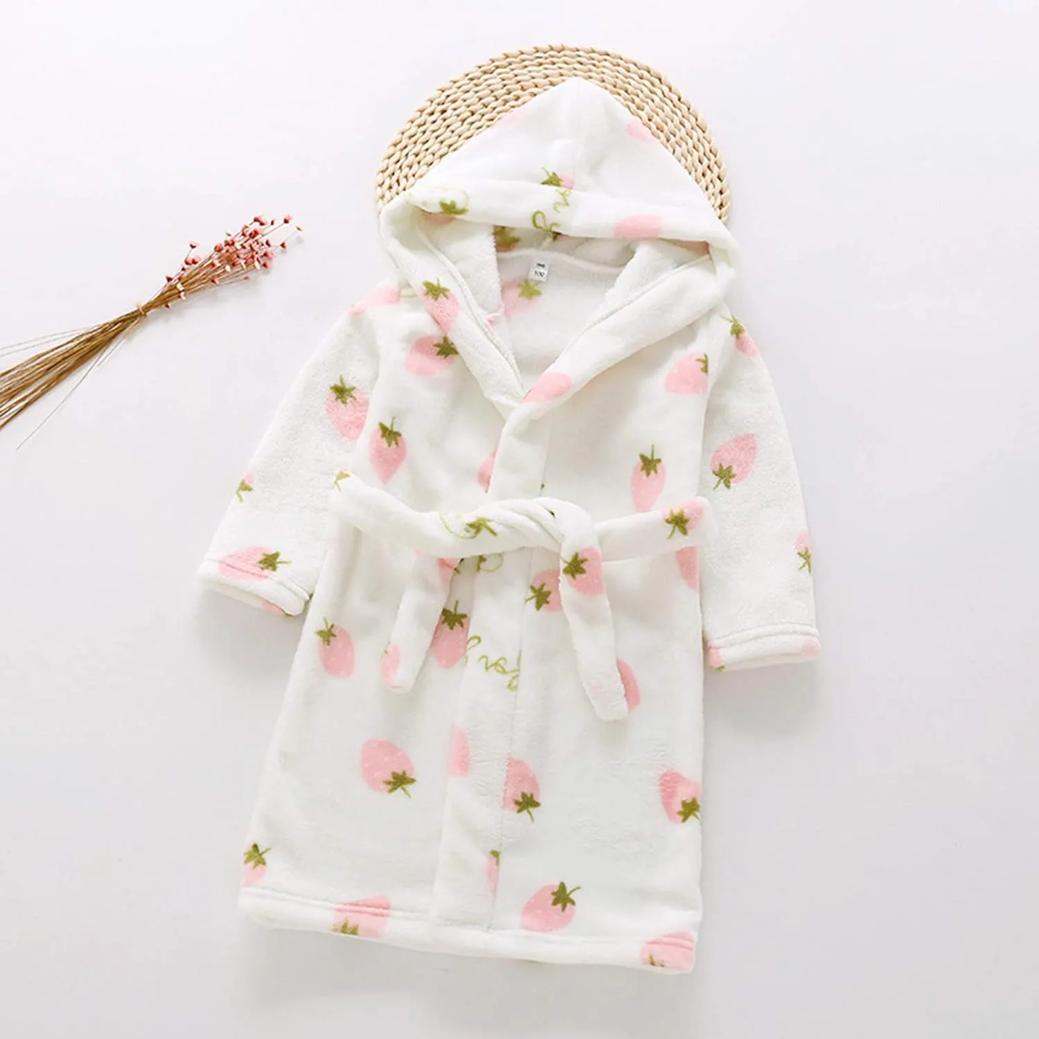 Baby Infant Flannel Hooded Robe Toddler Kids Unisex Elastic Waistband leepwear Cute Strawberry Print Night Bathrobes