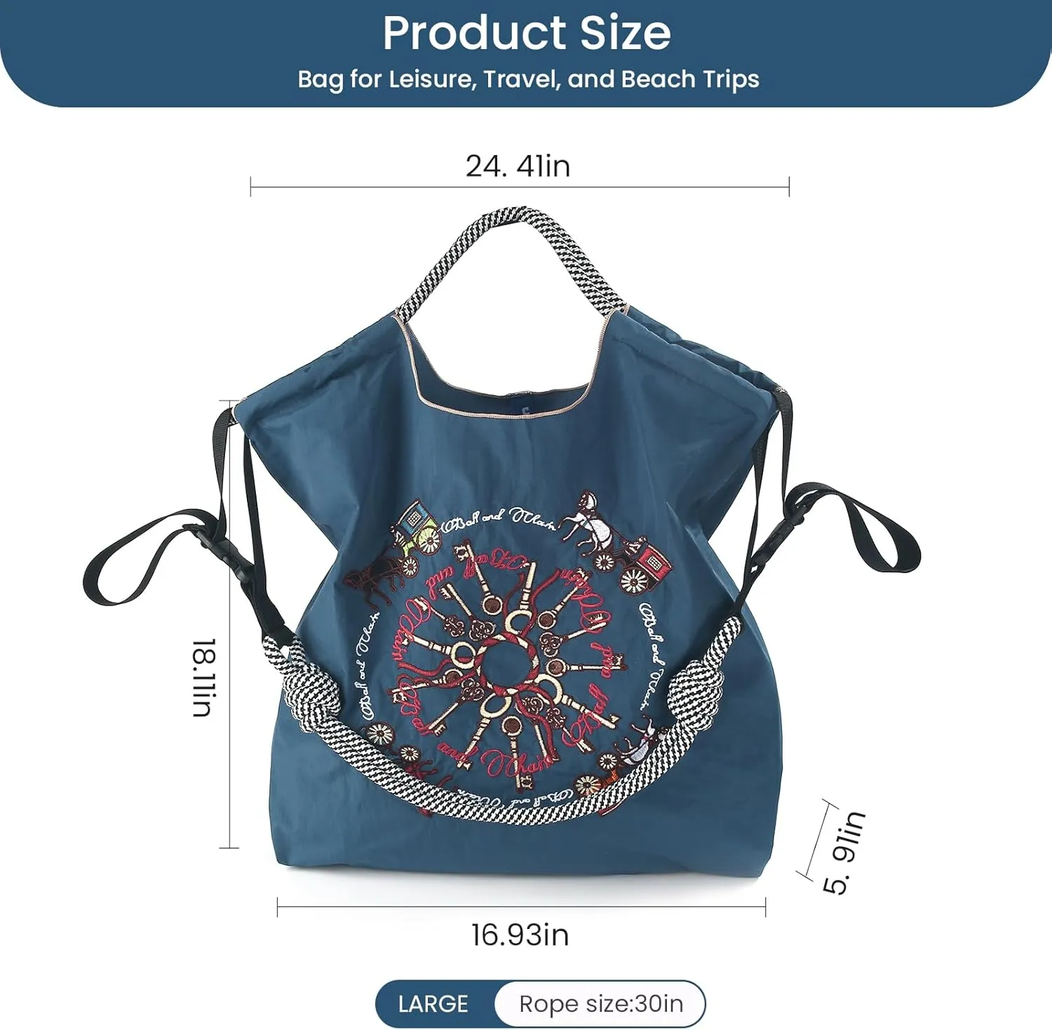Ball&Chain Carriage Pattern Embroidery Nylon Tote Bag for Women, Travel Shoulder Bag Top Handle HandBags for Work, Travel