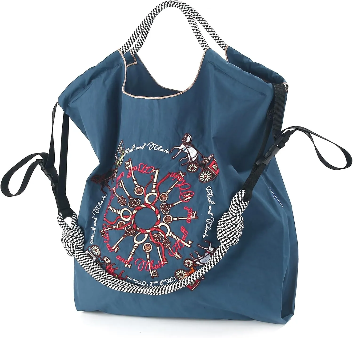 Ball&Chain Carriage Pattern Embroidery Nylon Tote Bag for Women, Travel Shoulder Bag Top Handle HandBags for Work, Travel