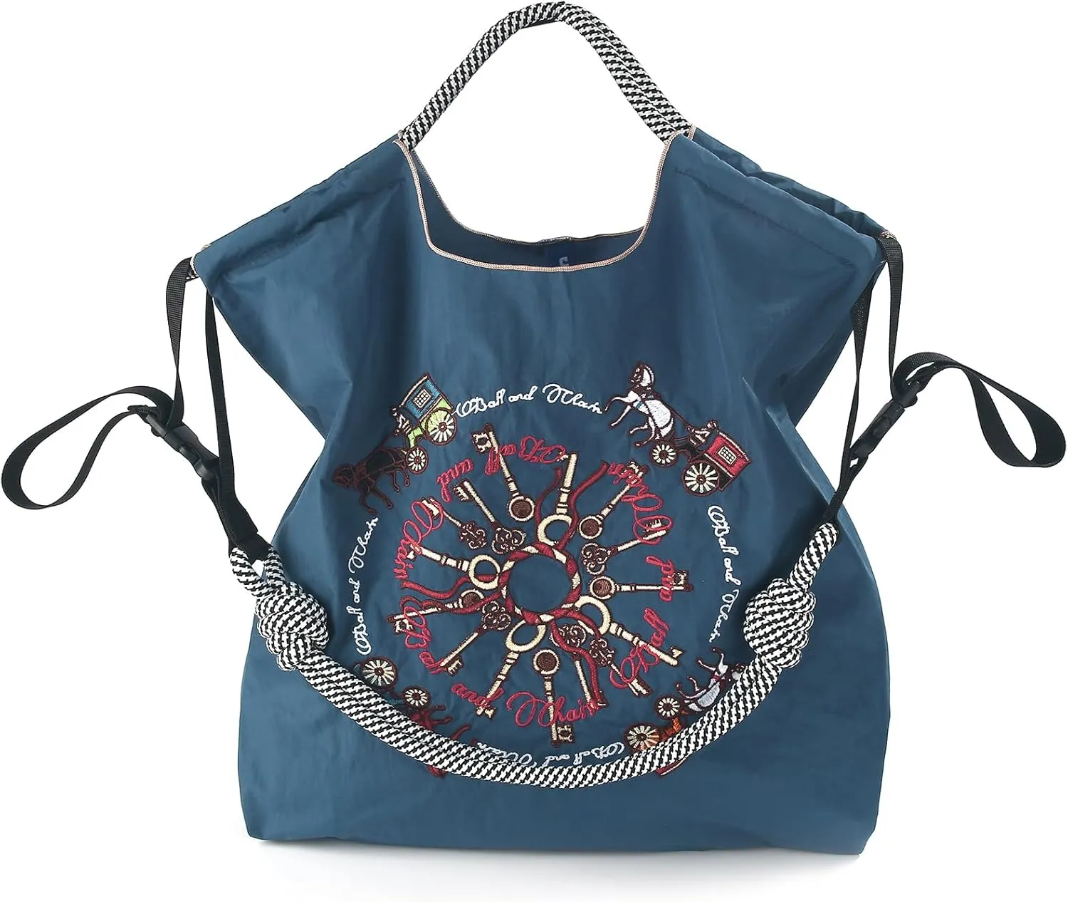 Ball&Chain Carriage Pattern Embroidery Nylon Tote Bag for Women, Travel Shoulder Bag Top Handle HandBags for Work, Travel