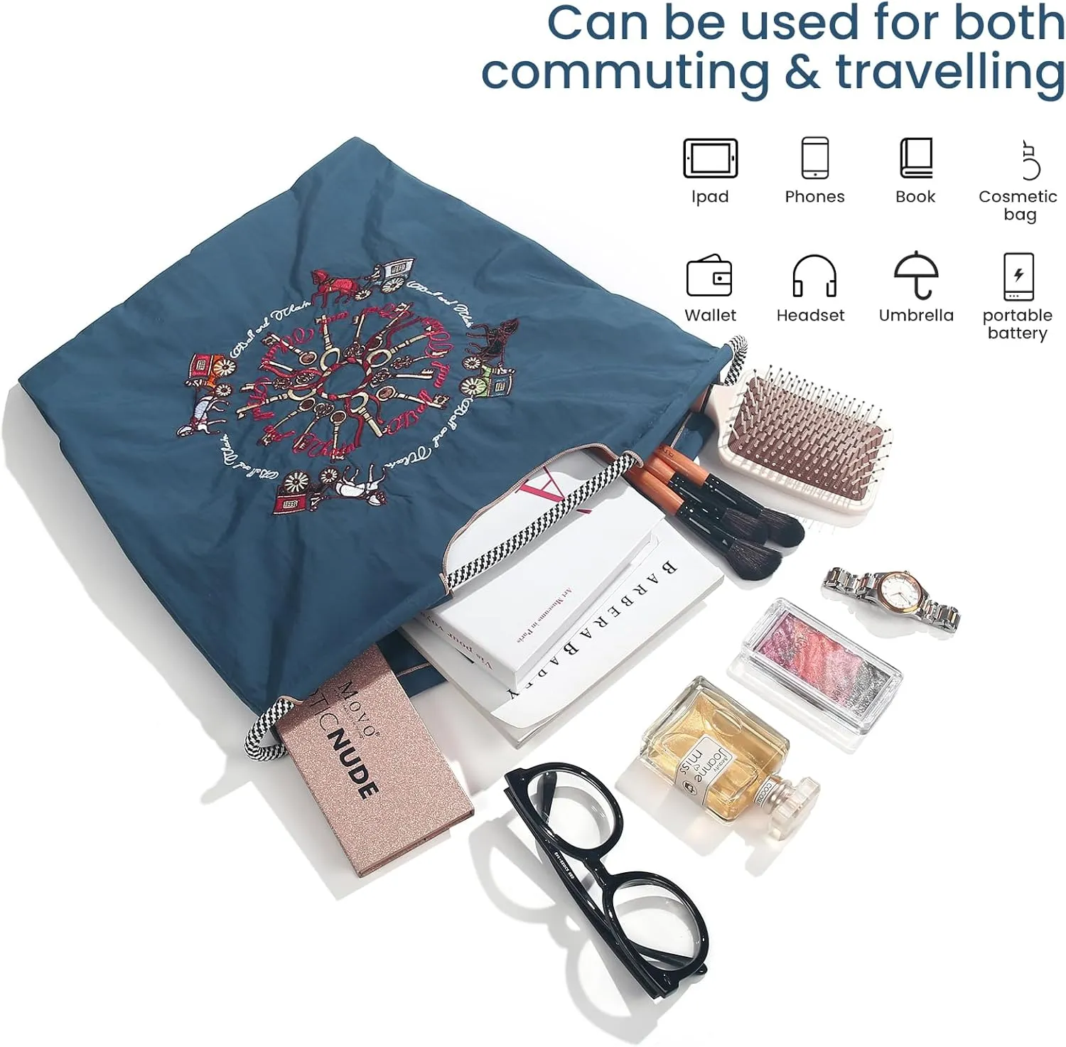 Ball&Chain Carriage Pattern Embroidery Nylon Tote Bag for Women, Travel Shoulder Bag Top Handle HandBags for Work, Travel