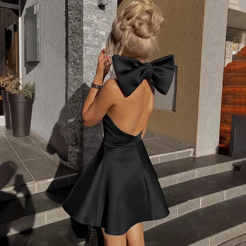 Big Backless Bow Slim Pleated Sexy Sleeveless Splice Halter Party Mini Dress