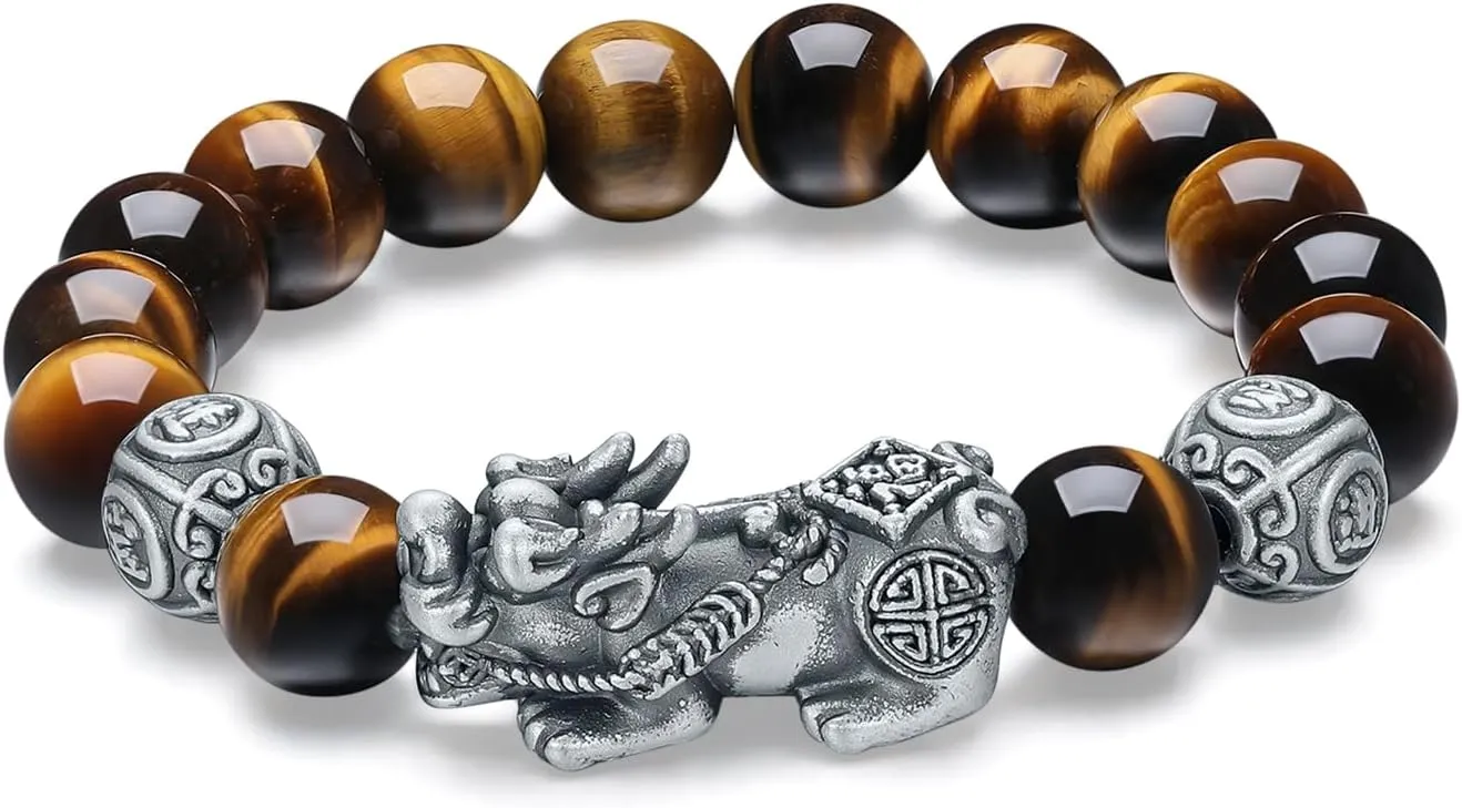 Black Bracelet for Men Silver Stretch Bracelets Natural Beaded Stone Obsidian Beads Petrified Wood Jewelry Feng Shui Adjustable Chain Pixiu Charm Bangle Protection Lucky Bangles Dainty Unisex Gifts