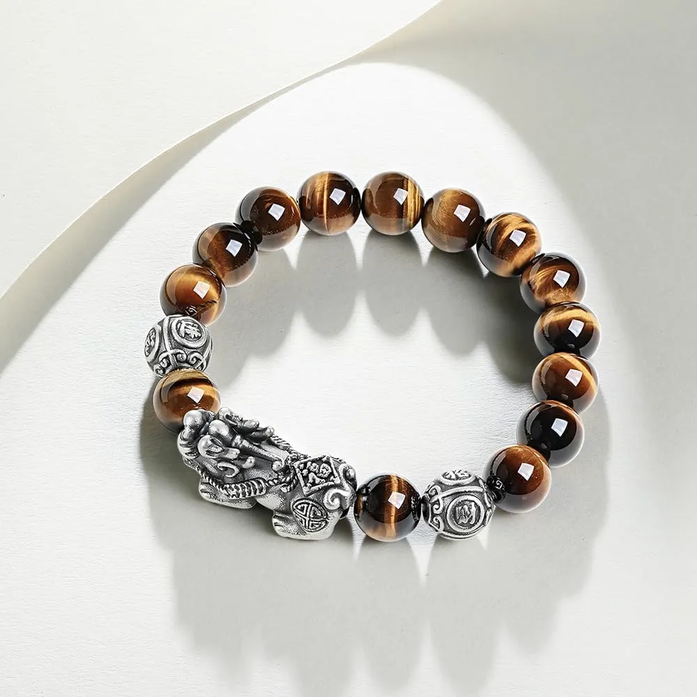 Black Bracelet for Men Silver Stretch Bracelets Natural Beaded Stone Obsidian Beads Petrified Wood Jewelry Feng Shui Adjustable Chain Pixiu Charm Bangle Protection Lucky Bangles Dainty Unisex Gifts