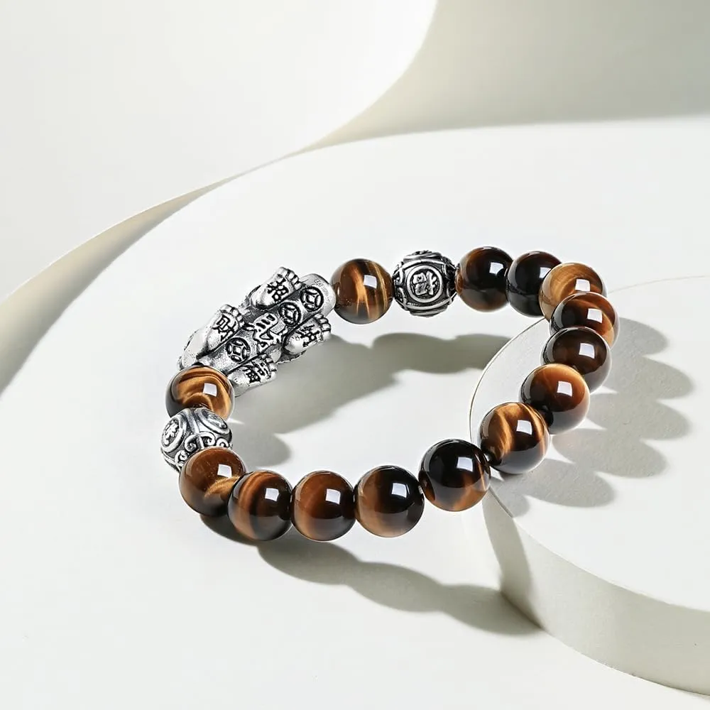 Black Bracelet for Men Silver Stretch Bracelets Natural Beaded Stone Obsidian Beads Petrified Wood Jewelry Feng Shui Adjustable Chain Pixiu Charm Bangle Protection Lucky Bangles Dainty Unisex Gifts