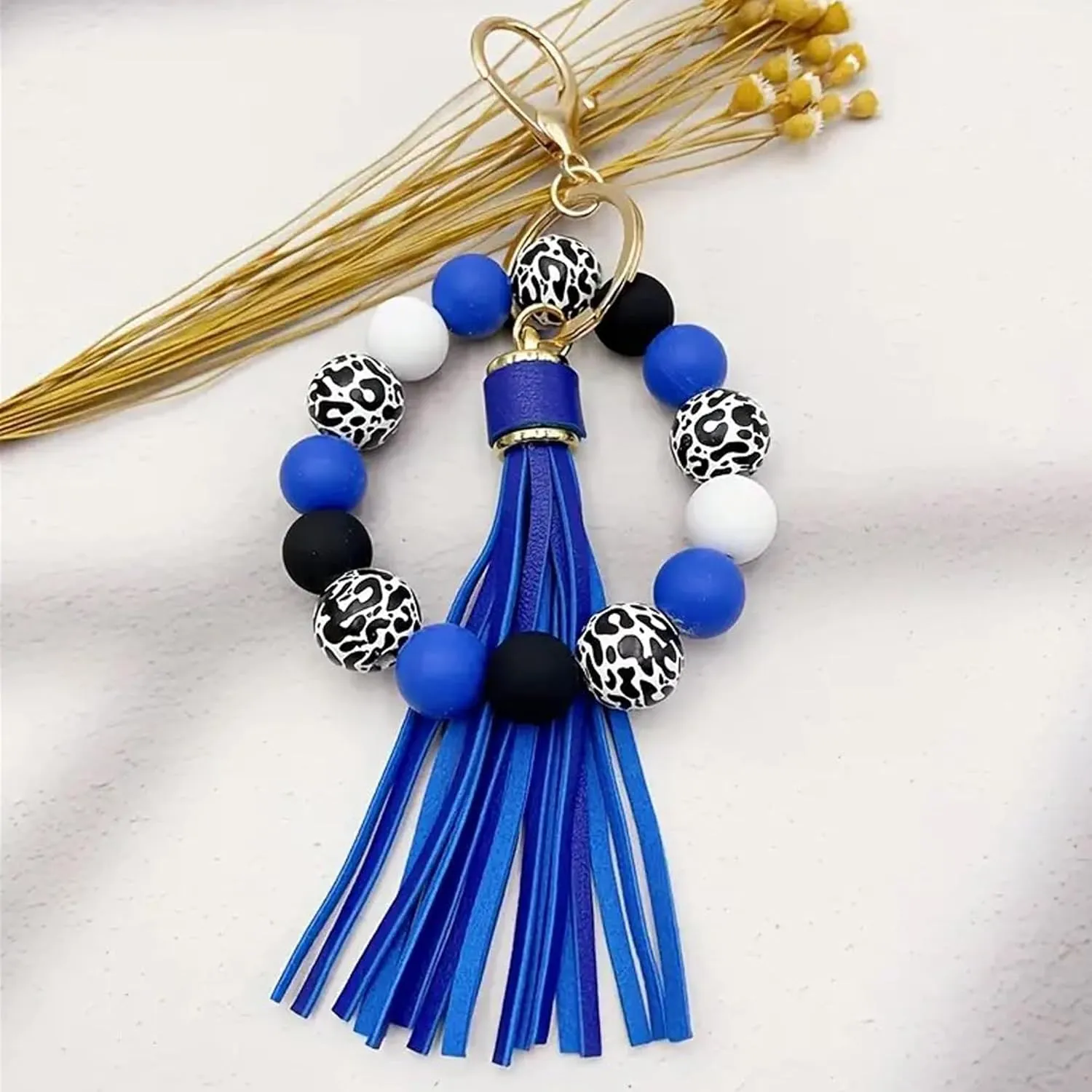 Black Leopard Print Wood Beads Bracelet Keychain Wristlet for Women, Cute Key Ring PU tassel Beaded Bangle Bracelets