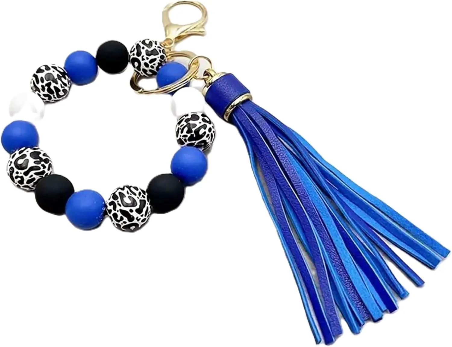 Black Leopard Print Wood Beads Bracelet Keychain Wristlet for Women, Cute Key Ring PU tassel Beaded Bangle Bracelets