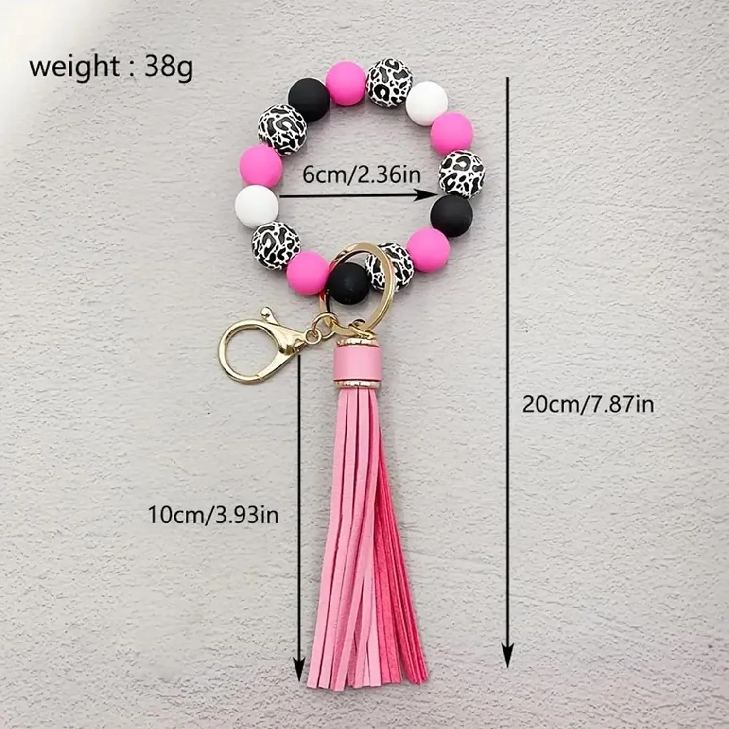 Black Leopard Print Wood Beads Bracelet Keychain Wristlet for Women, Cute Key Ring PU tassel Beaded Bangle Bracelets