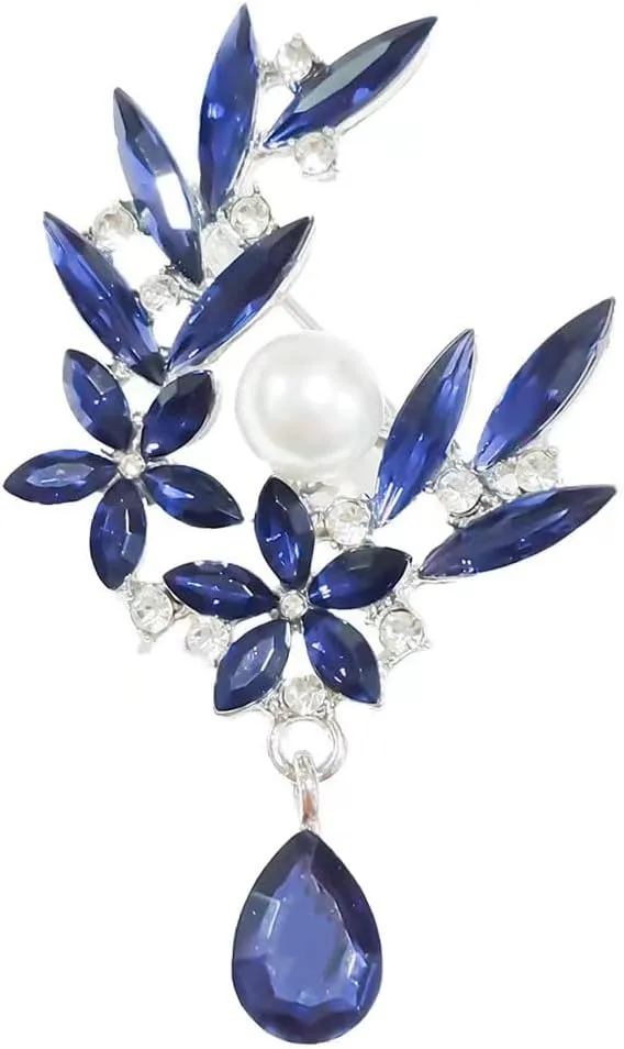 Blue Crystal Brooch for Women Vintage Flower Pearl Brooches Delicate Pearl Teardrop Pin Brooches Trendy Wedding Bridal Dresses Suits Brooch Blue Rhinestone Accessories