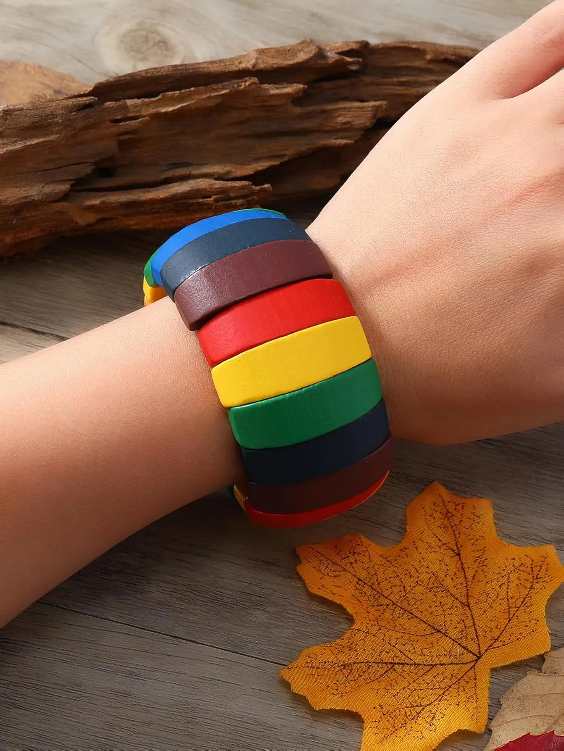 Bohemia Natural Wood Coconut Shell Bangle Bracelets Retro Ethnic Multi-Colored Wood Beaded Stretch Bracelets Boho Wide Chunky Elastic Wristband for Women Men Holiday Jewelry Gifts