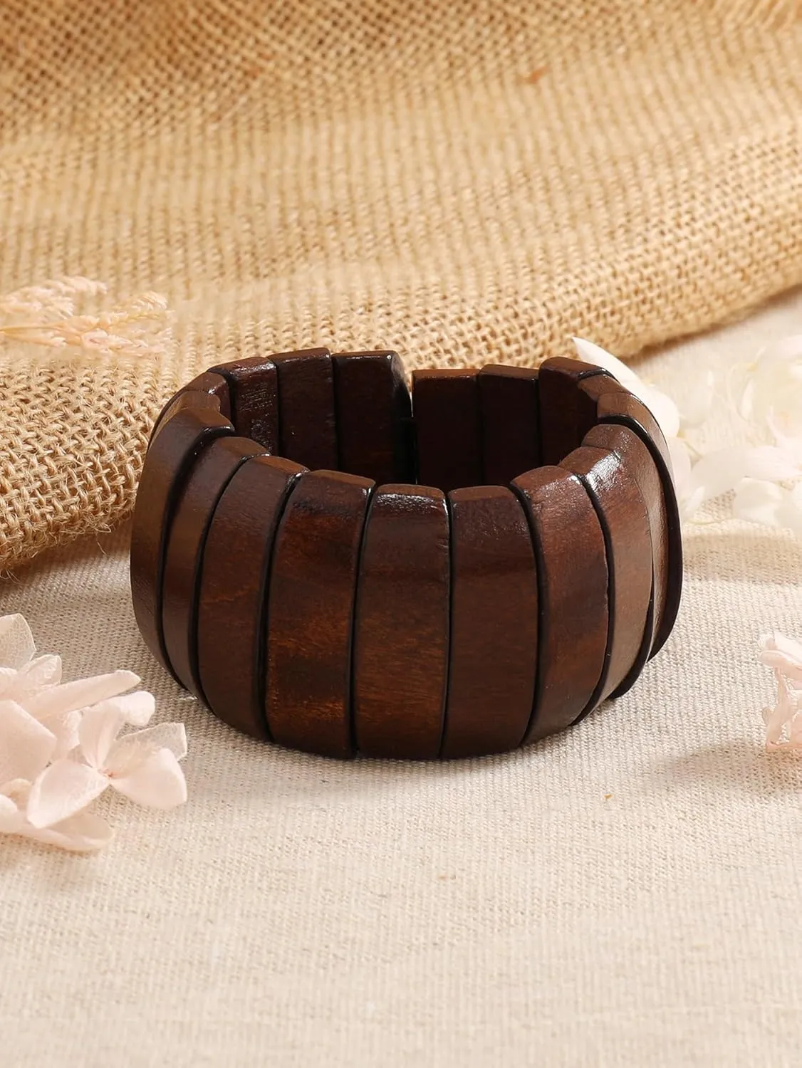 Bohemia Natural Wood Coconut Shell Bangle Bracelets Retro Ethnic Multi-Colored Wood Beaded Stretch Bracelets Boho Wide Chunky Elastic Wristband for Women Men Holiday Jewelry Gifts