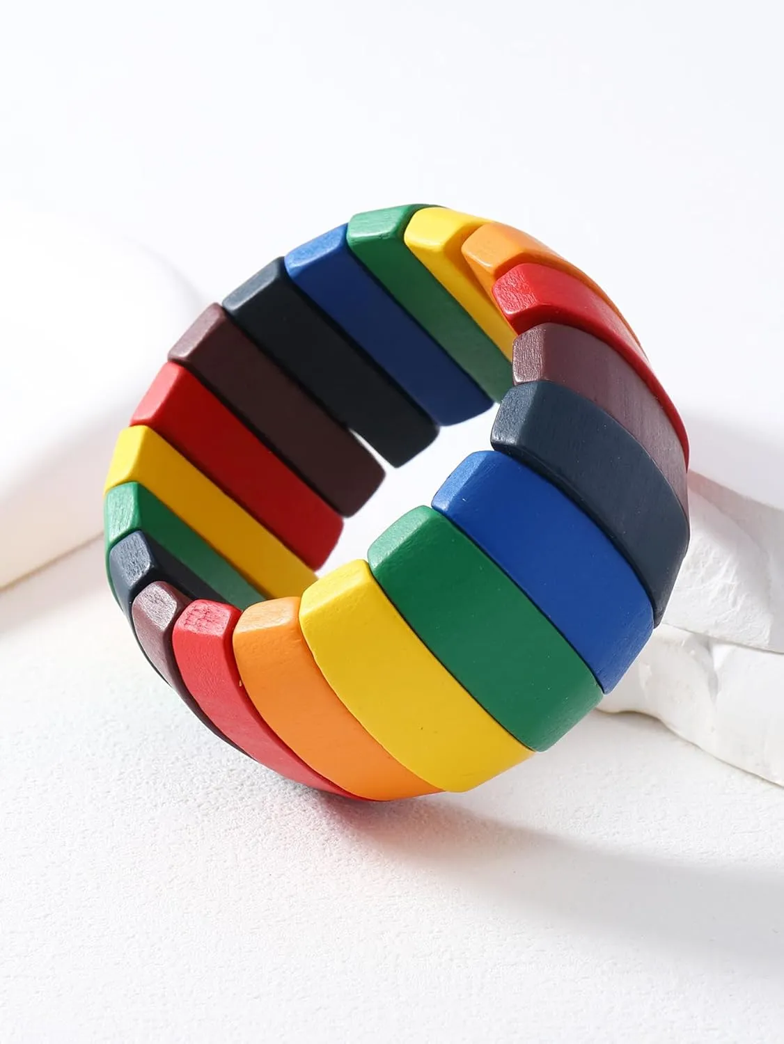Bohemia Natural Wood Coconut Shell Bangle Bracelets Retro Ethnic Multi-Colored Wood Beaded Stretch Bracelets Boho Wide Chunky Elastic Wristband for Women Men Holiday Jewelry Gifts