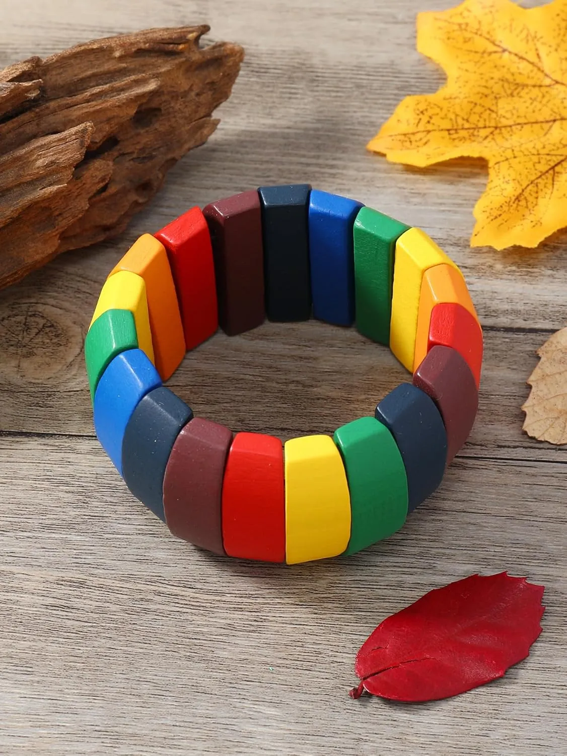 Bohemia Natural Wood Coconut Shell Bangle Bracelets Retro Ethnic Multi-Colored Wood Beaded Stretch Bracelets Boho Wide Chunky Elastic Wristband for Women Men Holiday Jewelry Gifts