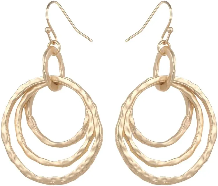 Bohemian Boho Round Circle Hoop Dangle Drop Earrings for Women  Delicate  Hammer Texture  Matte Plated  with Gift Box Included