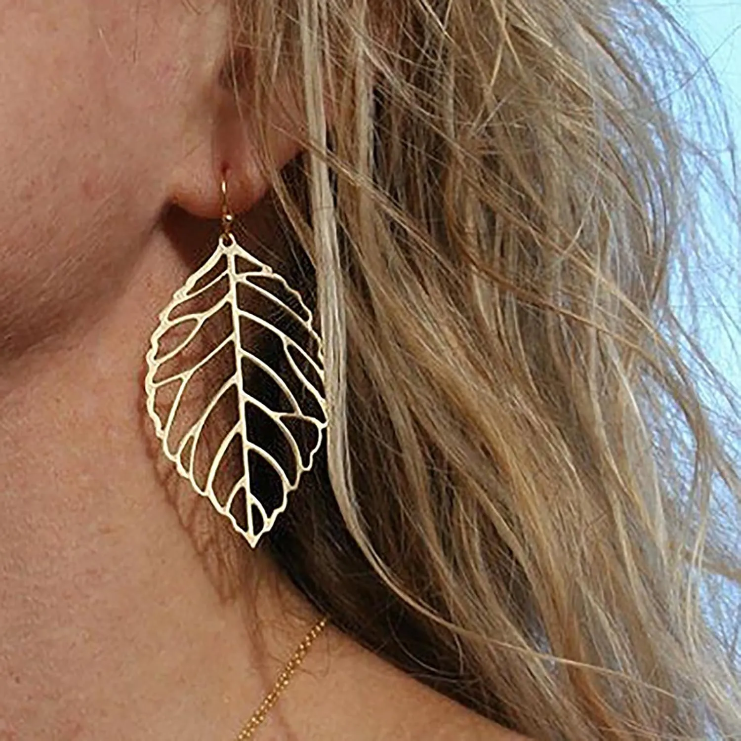 Boho Gold Hollow Leaf Earrings Large Leaf Drop Earrings Filigree Leaf Hook Earrings Exaggerated Leaf Dangle Earrings Statement Leaf Earrings Jewelry for Women