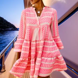 Boho Pop mini - midi beach dress / resort tunic top / cruise cover-up with white   bubble hot pink or deep sea GREEN mod print S - 3XL women