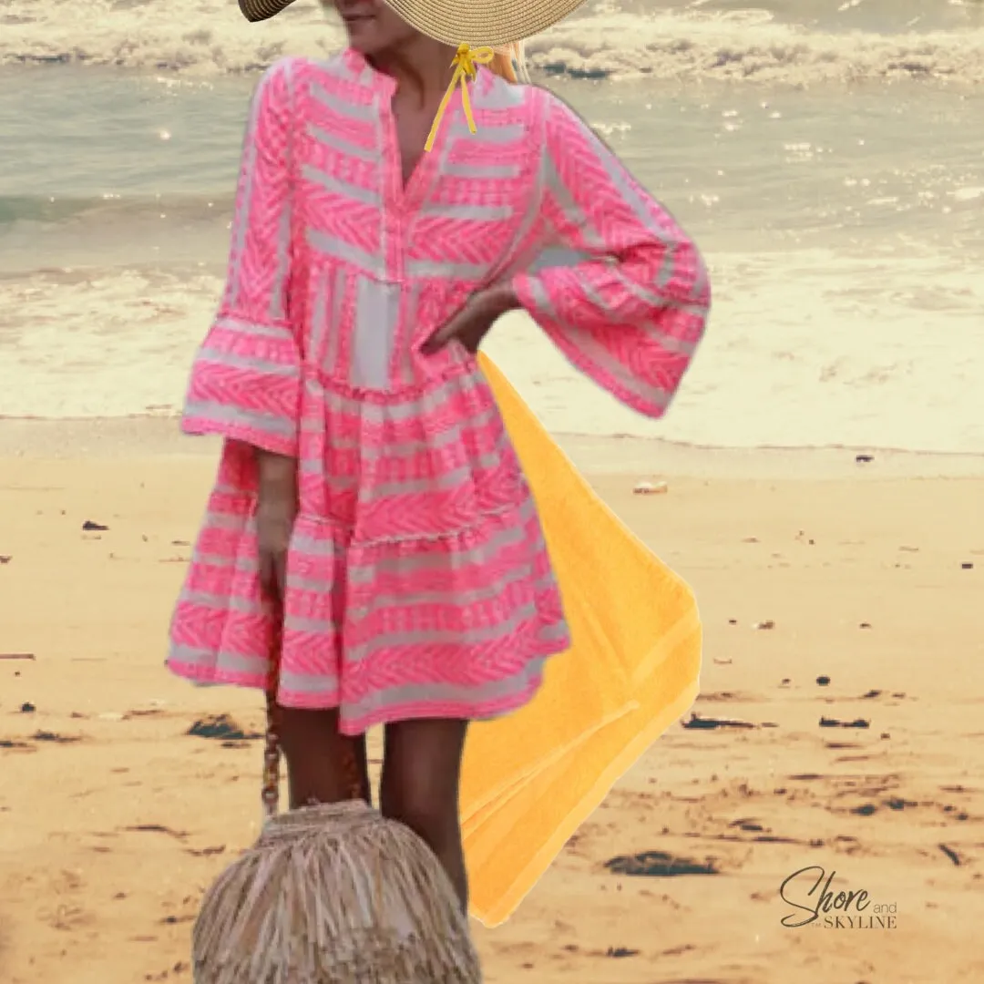 Boho Pop mini - midi beach dress / resort tunic top / cruise cover-up with white   bubble hot pink or deep sea GREEN mod print S - 3XL women