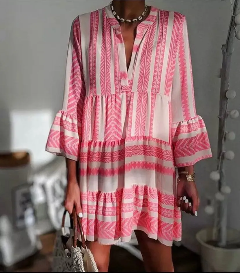 Boho Pop mini - midi beach dress / resort tunic top / cruise cover-up with white   bubble hot pink or deep sea GREEN mod print S - 3XL women