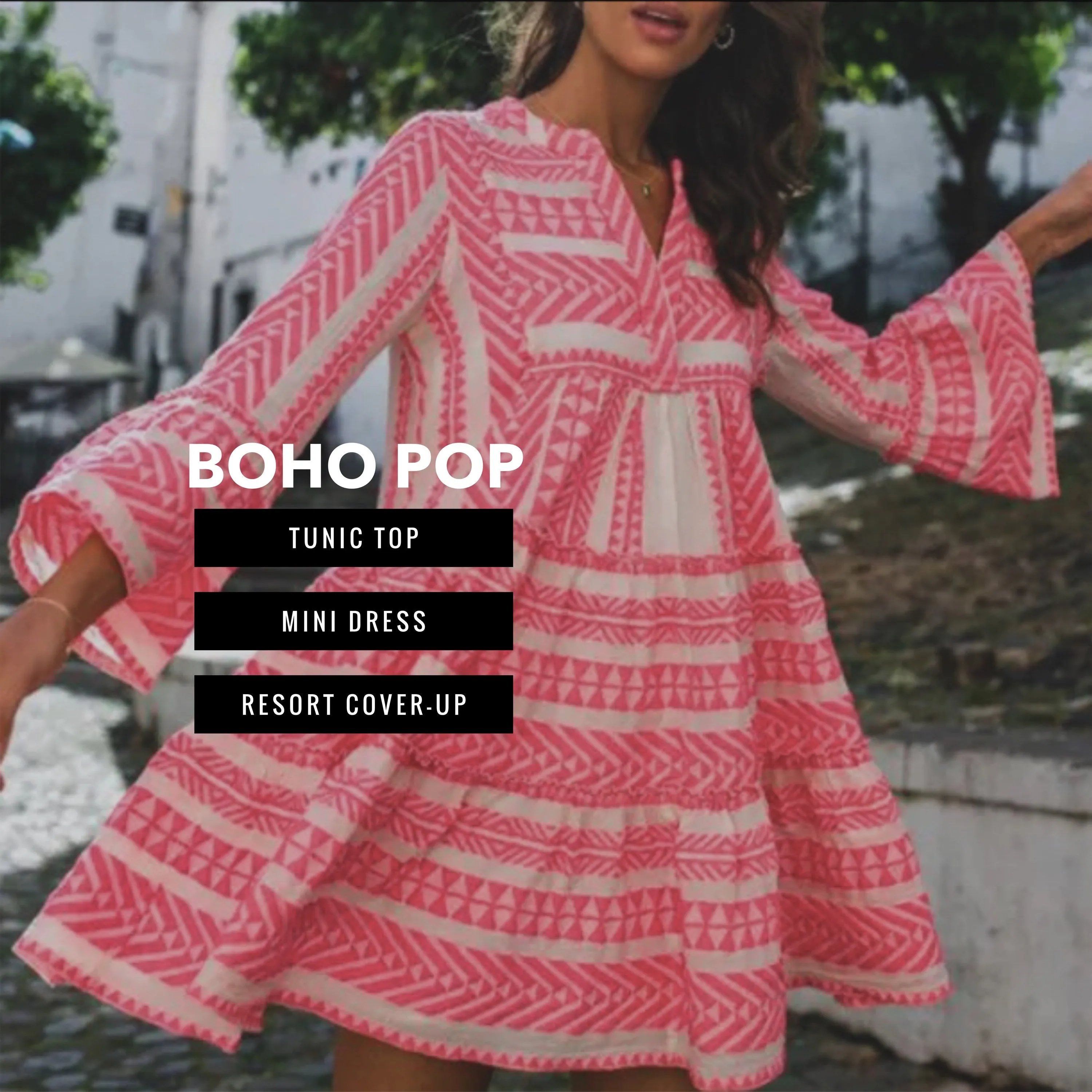 Boho Pop mini - midi beach dress / resort tunic top / cruise cover-up with white   bubble hot pink or deep sea GREEN mod print S - 3XL women