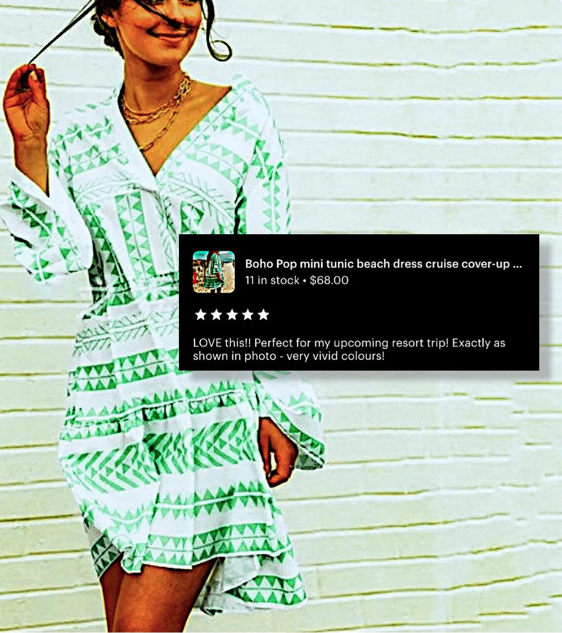 Boho Pop mini - midi beach dress / resort tunic top / cruise cover-up with white   bubble hot pink or deep sea GREEN mod print S - 3XL women