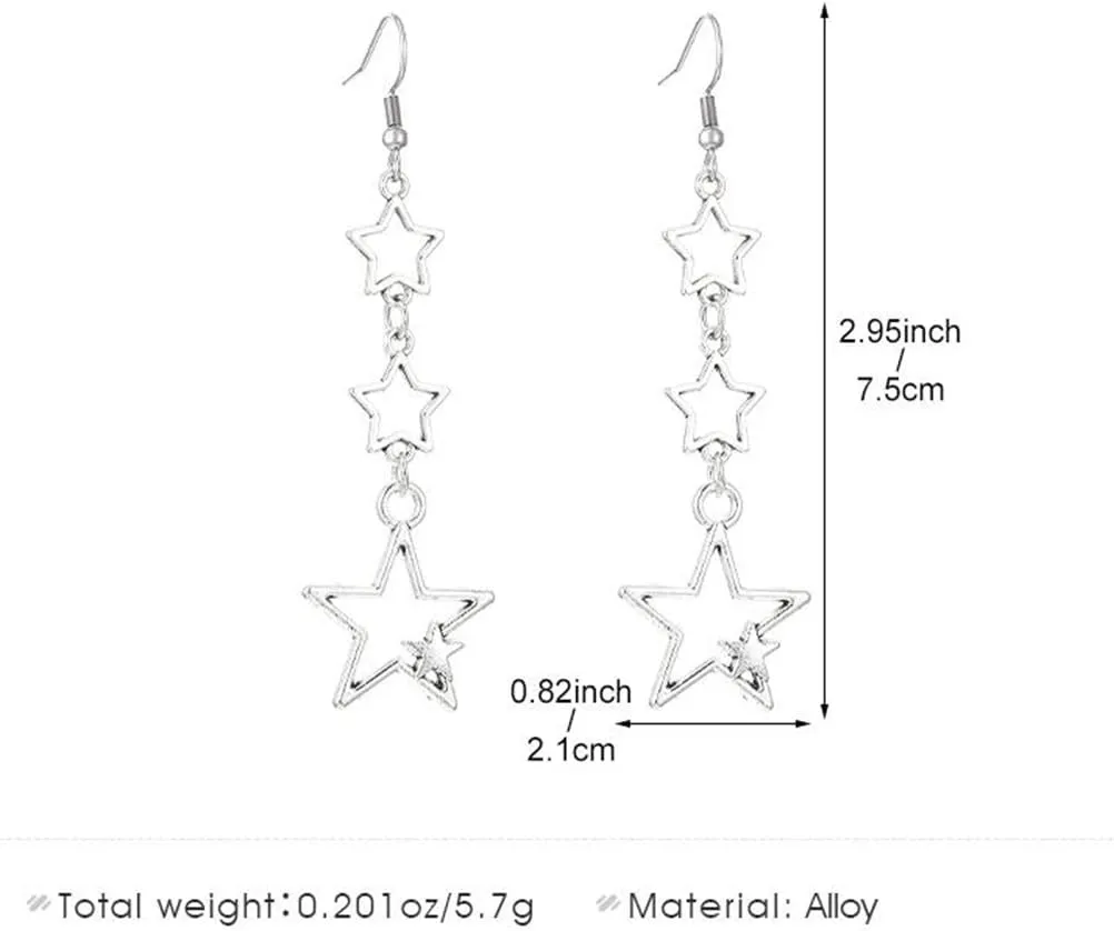 Boho Silver Star Drop Dangly Earrings for Women, Statement Retro Star Long Tassel Dangle Hook Earrings Cute Costume Accessories Aesthetic Jewelry Gift