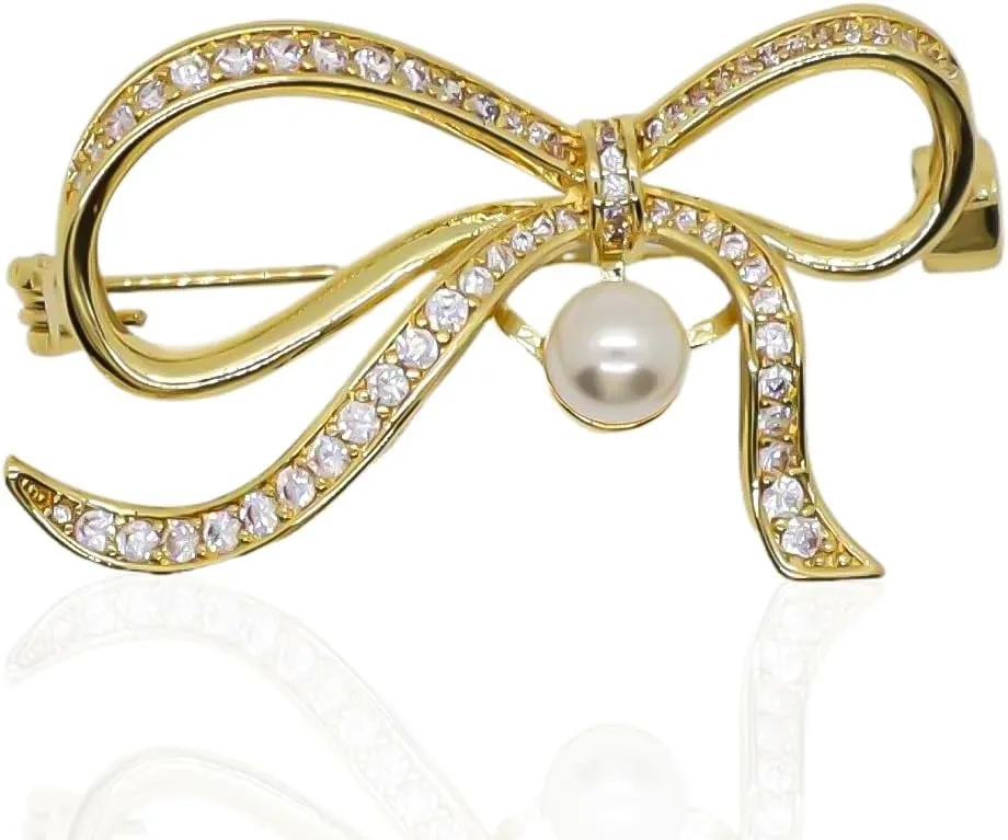 Bow Brooch 18K Gold Plated Bowknot Brooch Elegant Pearl Lapel Pin Costume Jewelry Thanksgiving Day Birthday Wedding Gifts for Mom Wife