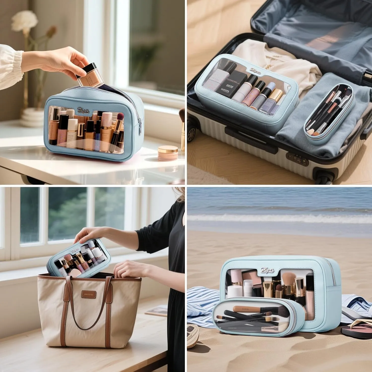 BOYATU Clear Travel Makeup Bag: 2 Pcs Set Make up Bag - Cosmetic Bags for Women - Waterproof Toiletry Bags Skincare Pouch (04-Blue)
