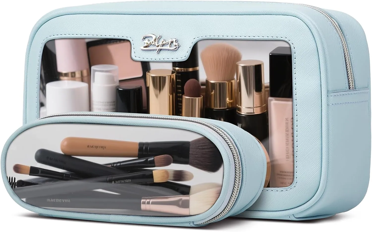 BOYATU Clear Travel Makeup Bag: 2 Pcs Set Make up Bag - Cosmetic Bags for Women - Waterproof Toiletry Bags Skincare Pouch (04-Blue)