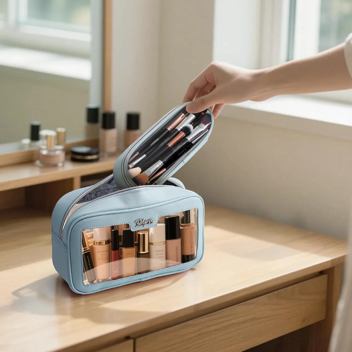 BOYATU Clear Travel Makeup Bag: 2 Pcs Set Make up Bag - Cosmetic Bags for Women - Waterproof Toiletry Bags Skincare Pouch (04-Blue)