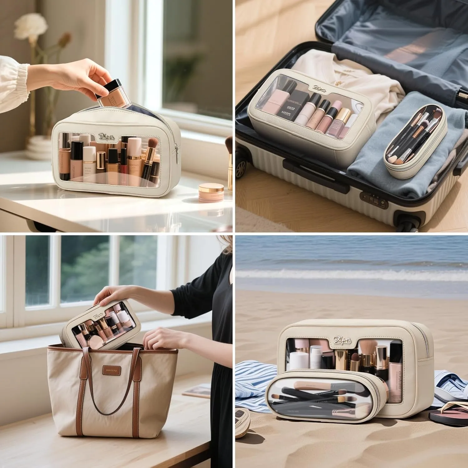 BOYATU Clear Travel Makeup Bag: 2 Pcs Set Make up Bag - Cosmetic Bags for Women - Waterproof Toiletry Bags Skincare Pouch (05-Off white)