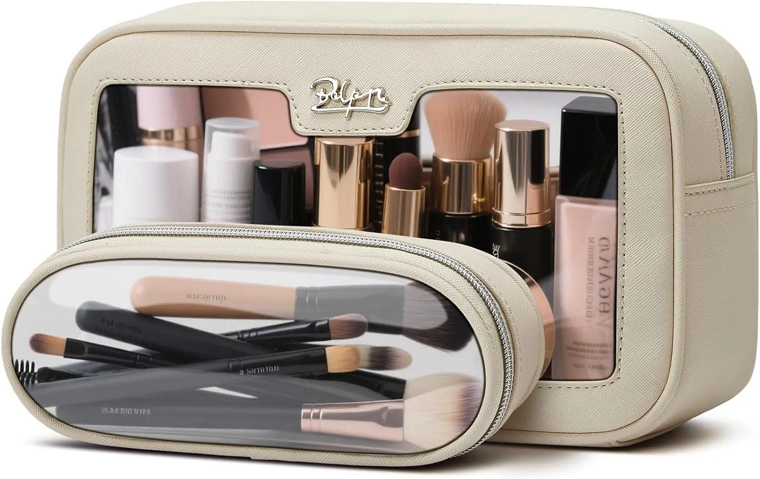 BOYATU Clear Travel Makeup Bag: 2 Pcs Set Make up Bag - Cosmetic Bags for Women - Waterproof Toiletry Bags Skincare Pouch (05-Off white)